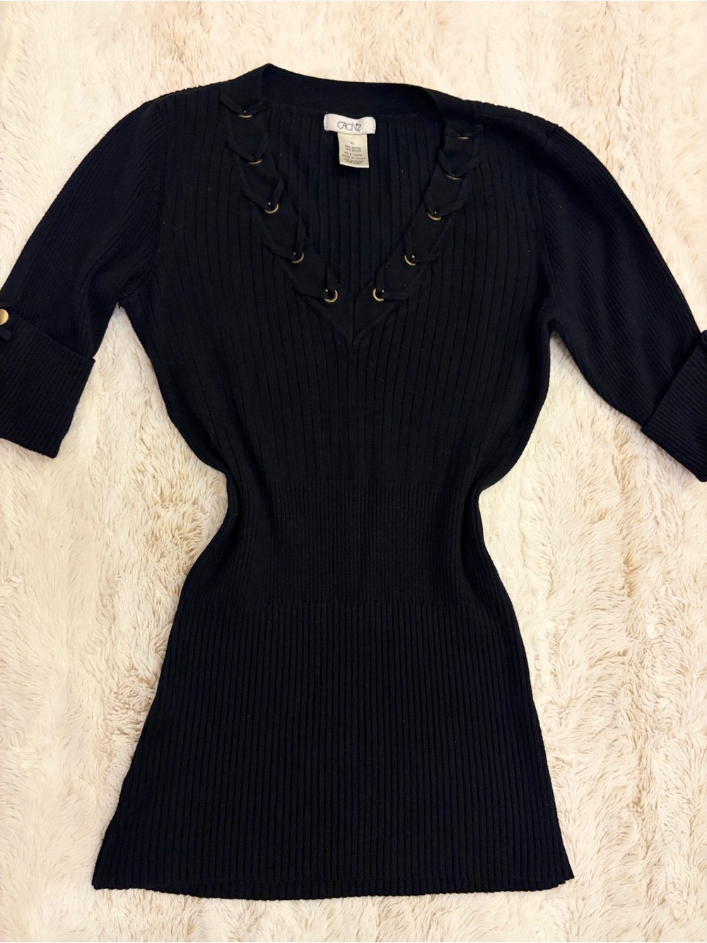 Vintage Caché Y2K Black Ribbed Lace Up Sweater Top Office Siren Mob Wife 2000s